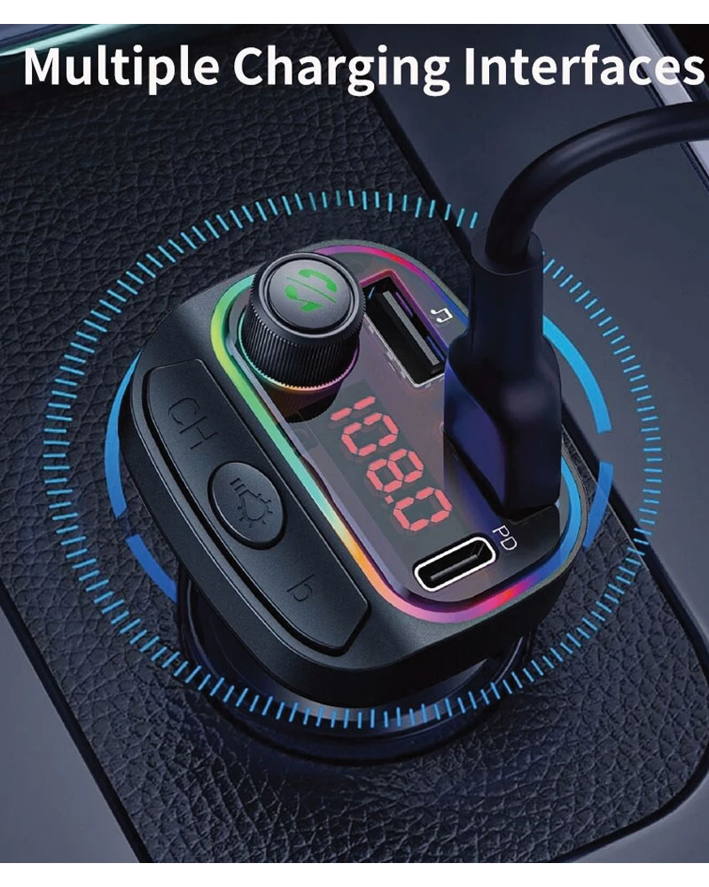 C15 Car Bluetooth MP3 Car Bluetooth Buy Online in Mauritius 3 - C15 bluetooth 5.0 2 Ports PD18W + QC3.0 7 Colors RGB Car Charger Digital Display Wireless Radio Adapter HiFi Music Play Car Kit With Mic Hands Free Calls - BuyOnline.mu -