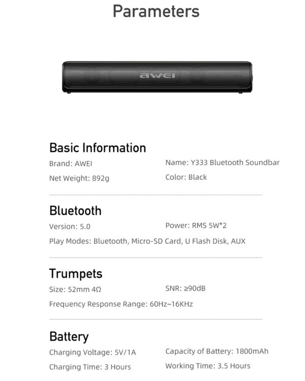 Awei Y333 Portable Bluetooth-compatible Speaker Waterproof TWS HiFi Heavy Bass Stereo Sound Wireless Speake - Image 4