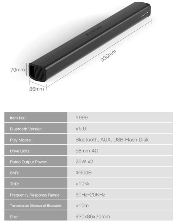 AWEI Y999 Wireless Soundbar 5.0 - Bluetooth - AUX - USB - Micro SD - Image 4