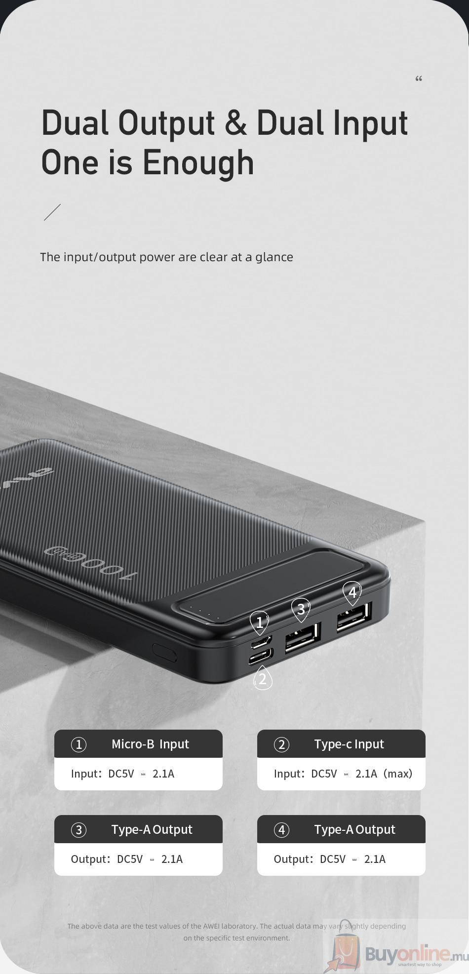 image 2022 01 24 004624 - AWEI P5K Portable Power Bank 10000mAh Powerbank Dual USB A Type c Micro Dual input Fast Charge Powerbank - BuyOnline.mu - Power Bank,AWEI,10000 mAh