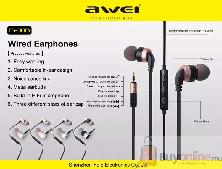 image 2022 01 25 212219 - Awei ES-30TY In-ear Earphones Stereo Wired HiFi Stereo Super Bass with Microphone - BuyOnline.mu - AWEI,ES30TY,Earphone,Stereo