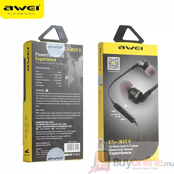 image 2022 01 25 212241 - Awei ES-30TY In-ear Earphones Stereo Wired HiFi Stereo Super Bass with Microphone - BuyOnline.mu - AWEI,ES30TY,Earphone,Stereo