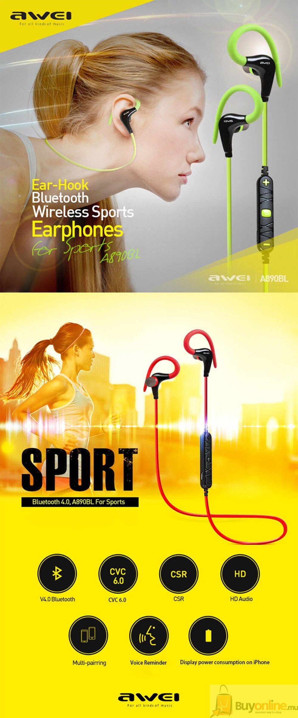 image 2022 01 25 224312 - Awei A890-BL Bluetooth Earphone Wireless Sports Ear Hook Headphone - BuyOnline.mu - AWEI,Sports,Earhook