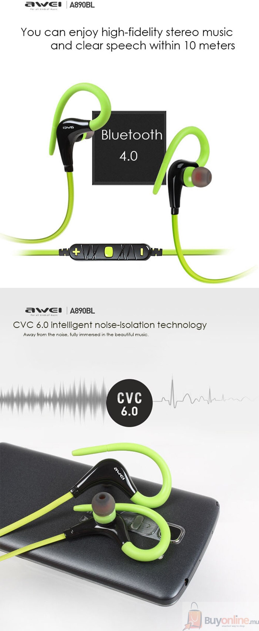 image 2022 01 25 224349 - Awei A890-BL Bluetooth Earphone Wireless Sports Ear Hook Headphone - BuyOnline.mu - AWEI,Sports,Earhook