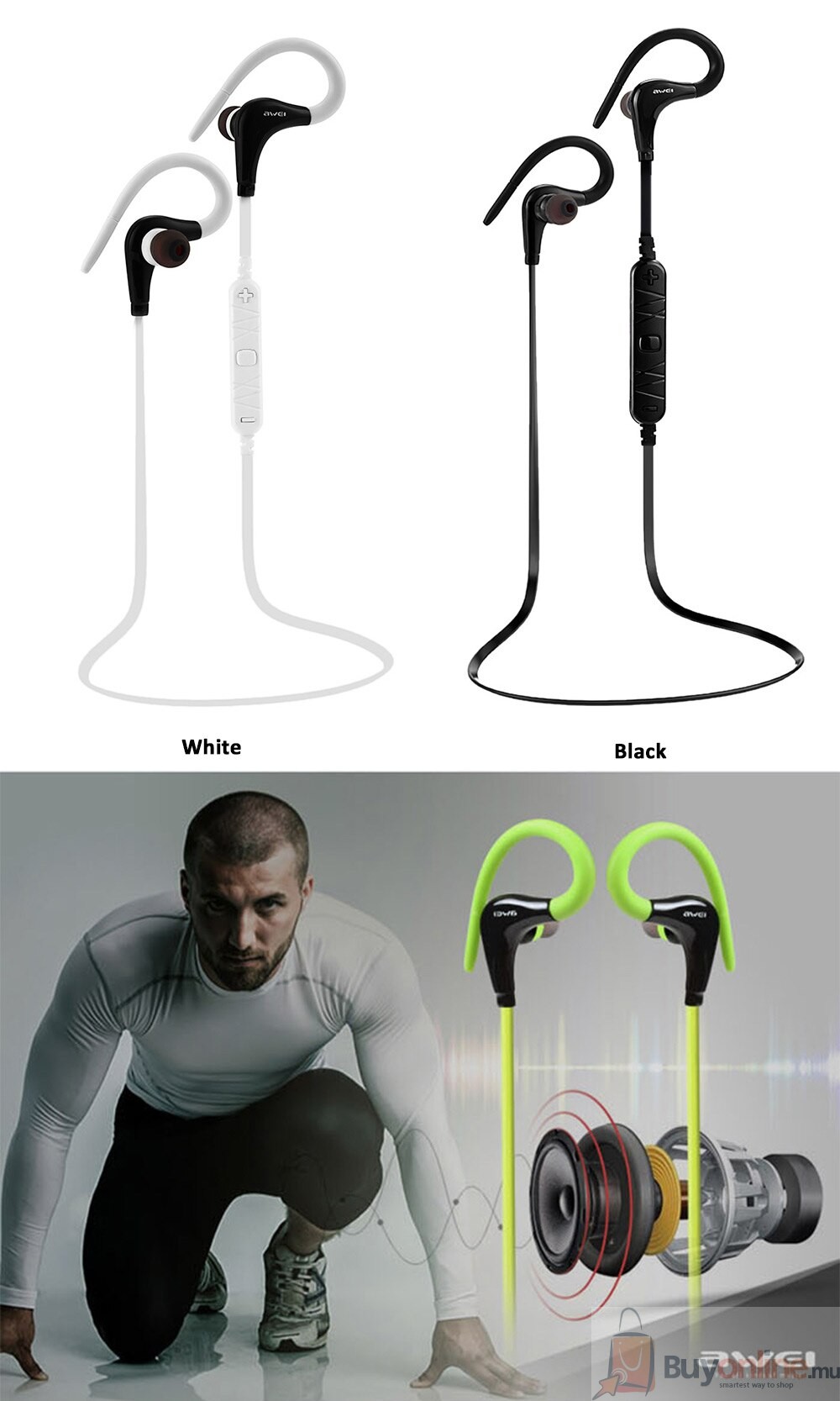 image 2022 01 25 224407 - Awei A890-BL Bluetooth Earphone Wireless Sports Ear Hook Headphone - BuyOnline.mu - AWEI,Sports,Earhook