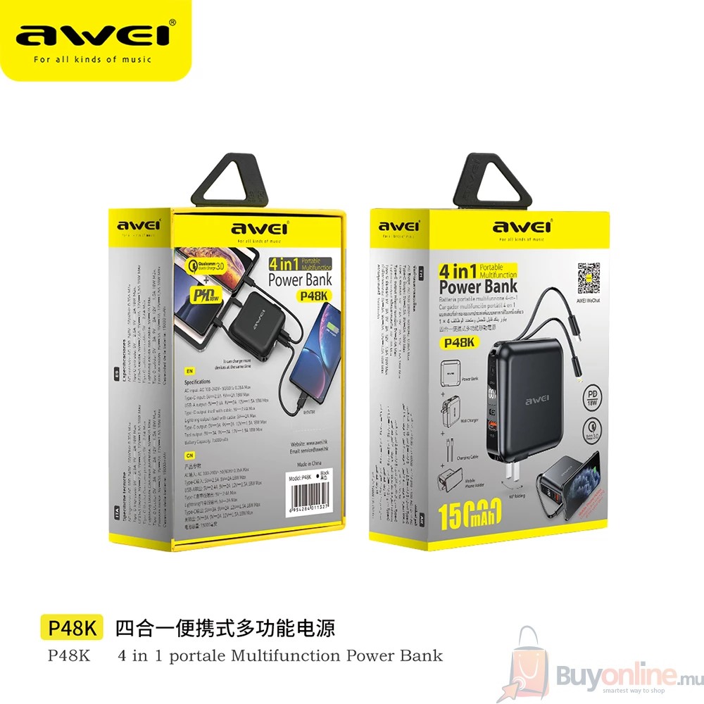 image_2022-06-11_204857173 AWEI P48K Power Bank 15000mAh With Phone Charging Cables 4 in 1 Multifunction - Image 1