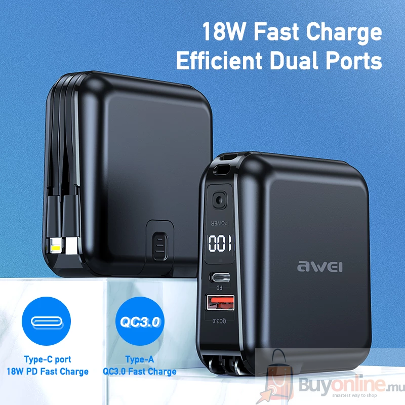 image 2022 06 11 205325855 - AWEI P48K Power Bank 15000mAh With Phone Charging Cables 4 in 1 Multifunction - BuyOnline.mu - Power Bank,AWEI,P48K