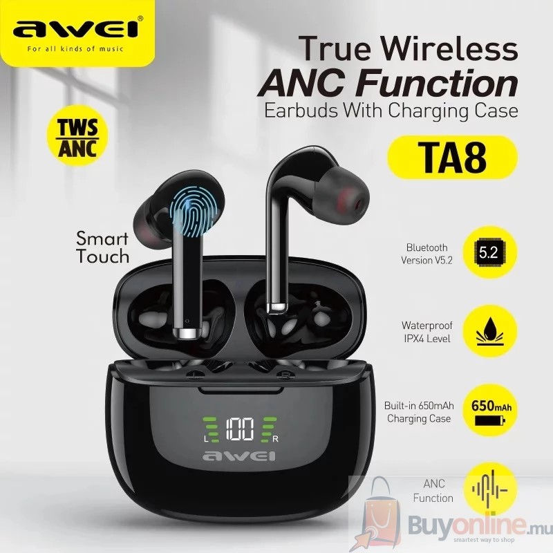 Awei TA8 wireless earphones earbuds Bluetooth earphone headset With Microphones charging case Waterproof gamer sport buds Awei TA8 wireless earphones earbuds Bluetooth earphone headset With Microphones charging case Waterproof gamer sport buds