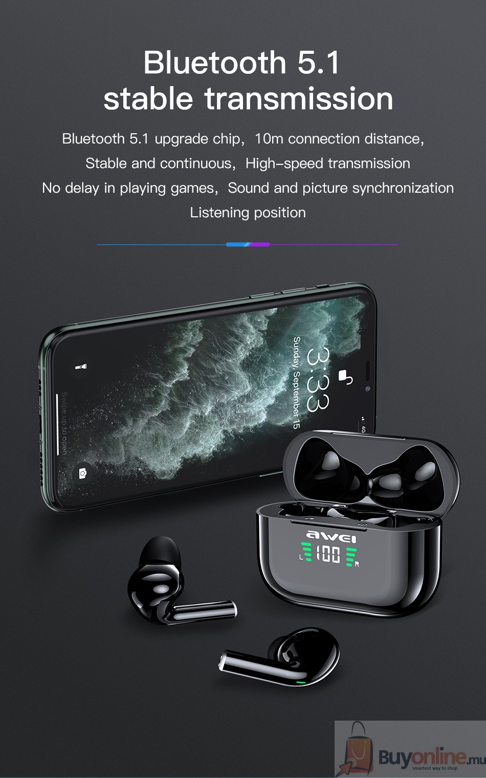 image 2022 06 12 005837230 - Awei T29P TWS Bluetooth Earphones With Microphones wireless earbuds 500mAh charging case gamer - BuyOnline.mu -